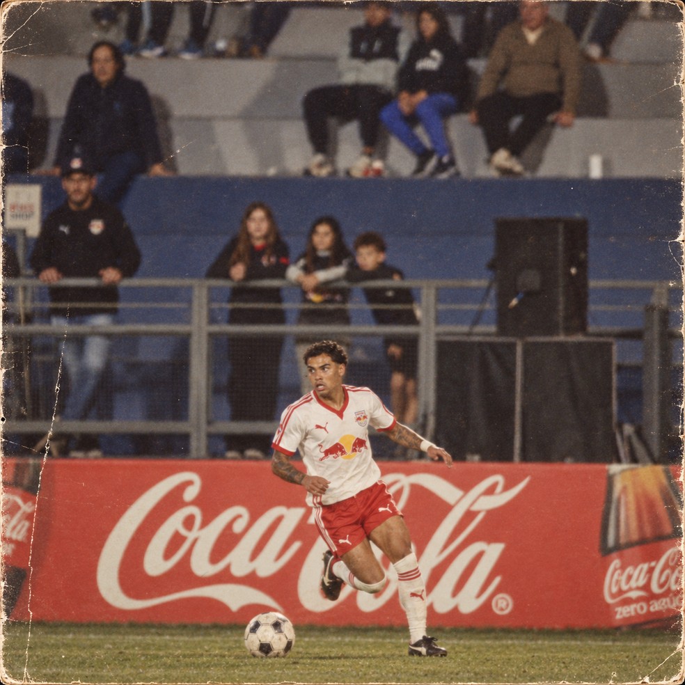 Vinicinho na trend dos anos 80 — Foto: Ari Ferreira/Red Bull Bragantino - Adaptação ChatGPT