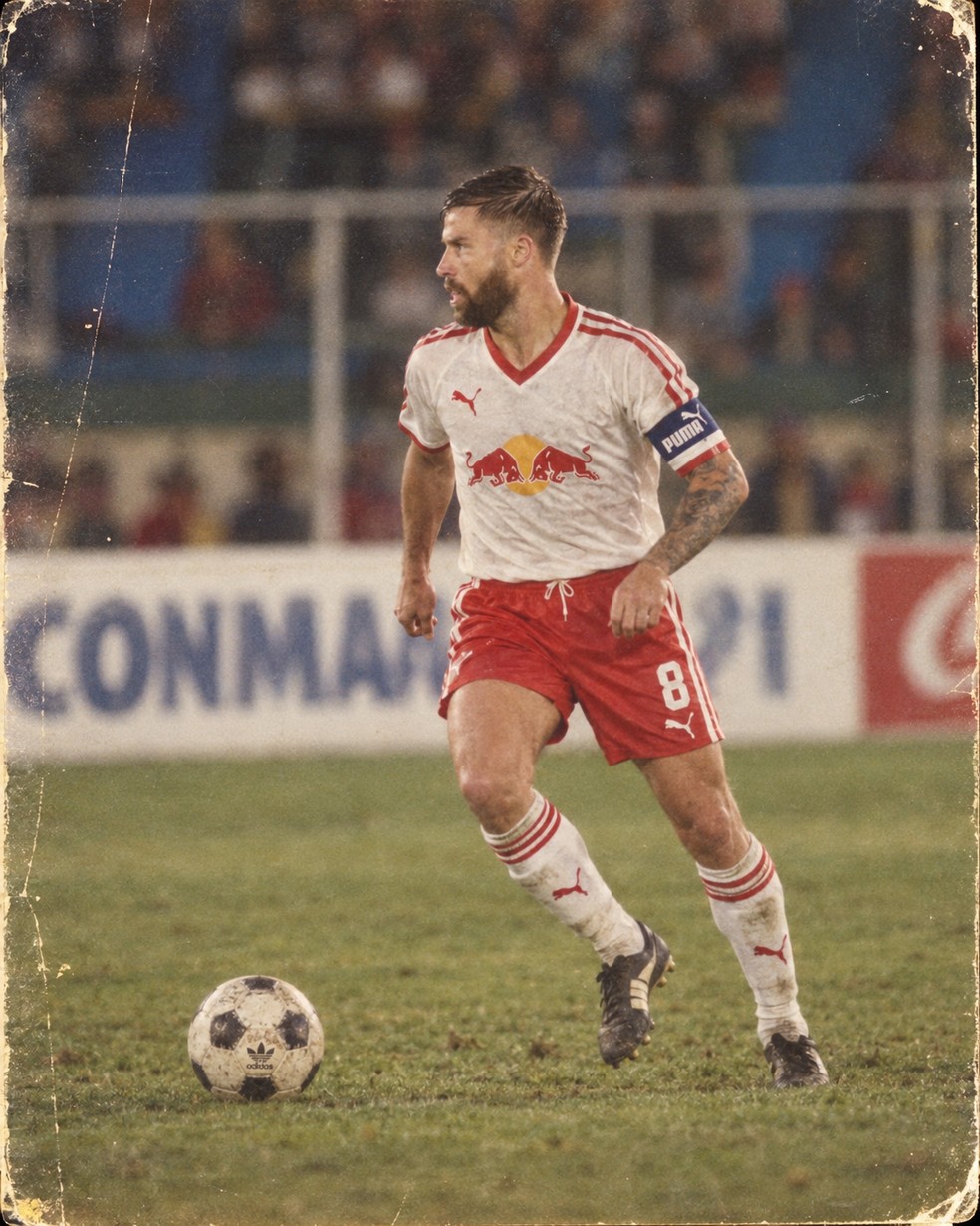 Eduardo Sasha na trend dos anos 80 — Foto: Ari Ferreira/Red Bull Bragantino - Adaptação ChatGPT