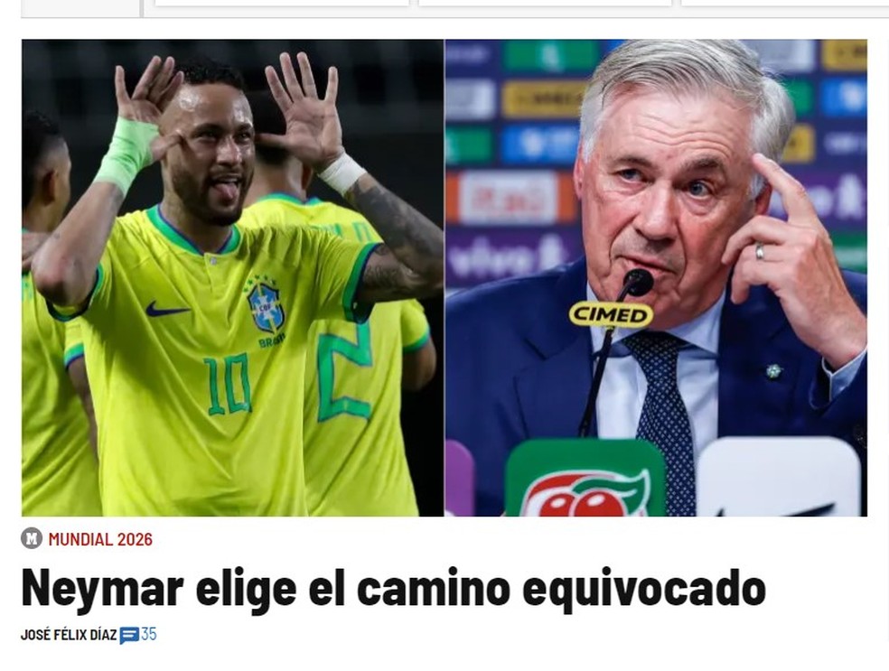Jornal repercute ausência de Neymar na lista de Ancelotti: "Está escolhendo caminho errado em sua luta para retornar à seleção"