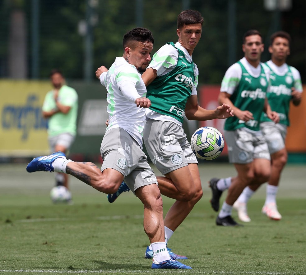 Artur e Fellipe Jack disputam jogada em treino do Palmeiras — Foto: Cesar Greco