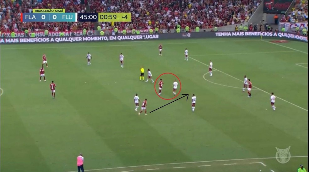 Matheuzinho bem posicionado no gol do Flamengo contra o Fluminense — Foto: Reprodução