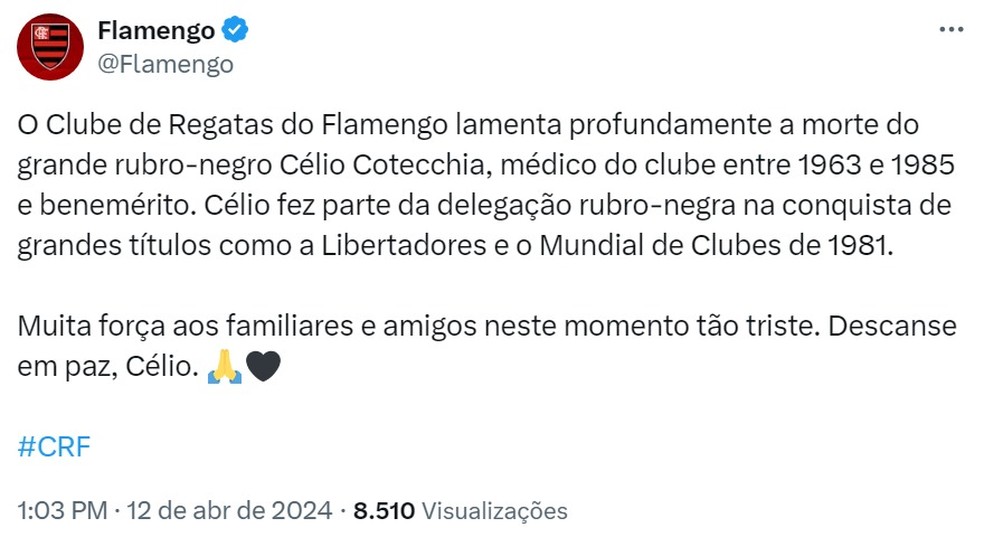 Flamengo lamenta a morte do médico Célio Cotecchia