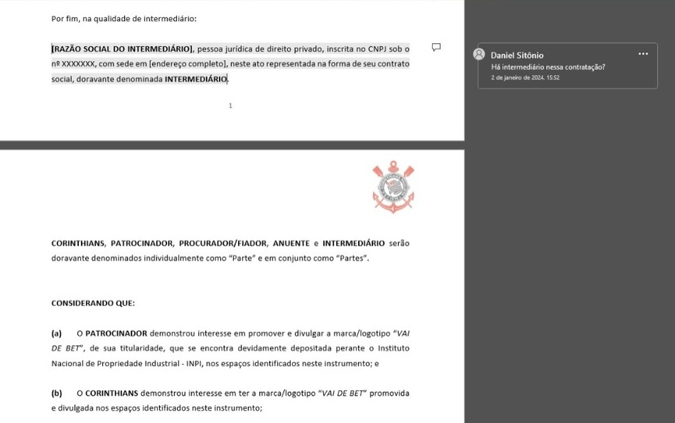 Intermediário de VaideBet e Corinthians só foi incluído na quarta minuta contratual — Foto: Reprodução