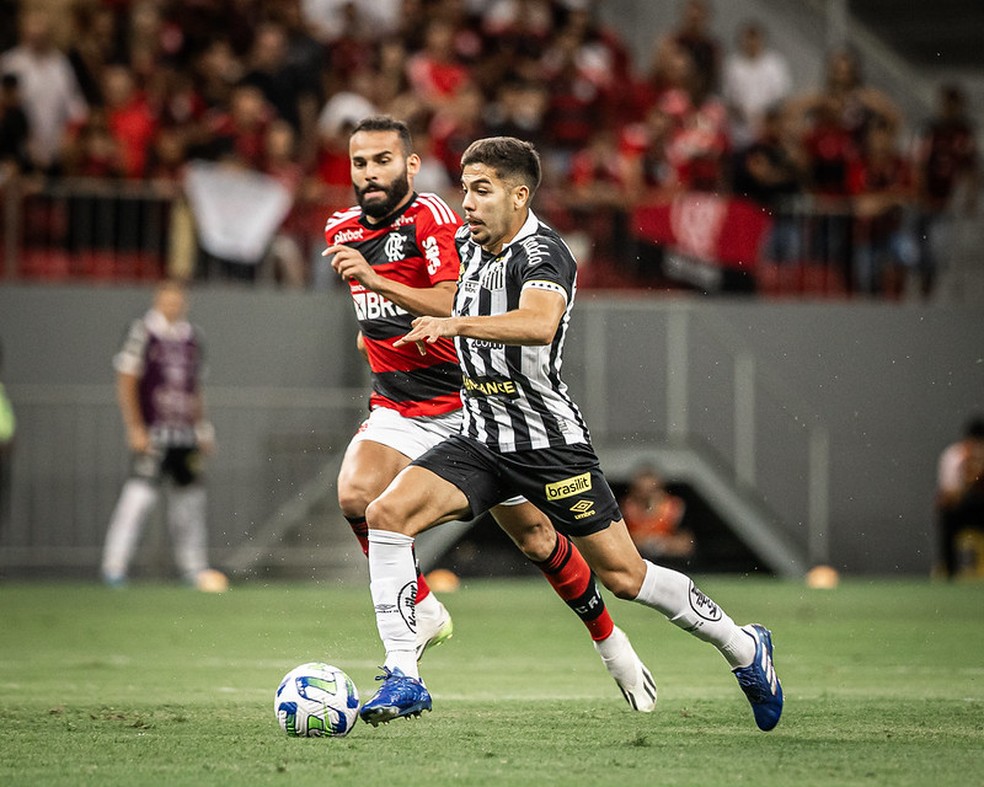 Nonato é marcado por Thiago Maia durante jogo entre Flamengo e Santos, pelo Campeonato Brasileiro — Foto: Raul Baretta/ Santos FC
