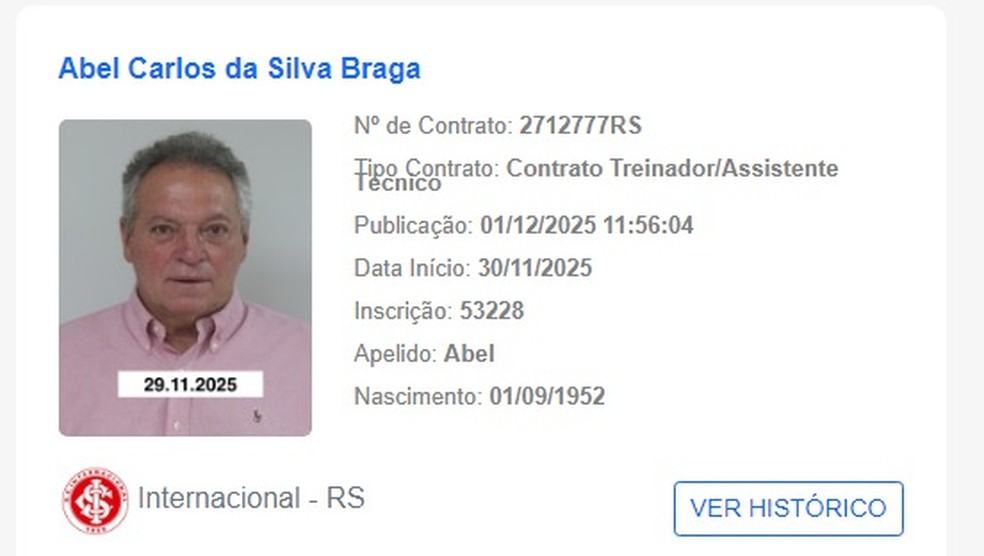 Abel Braga é registrado no BID da CBF — Foto: Reprodução
