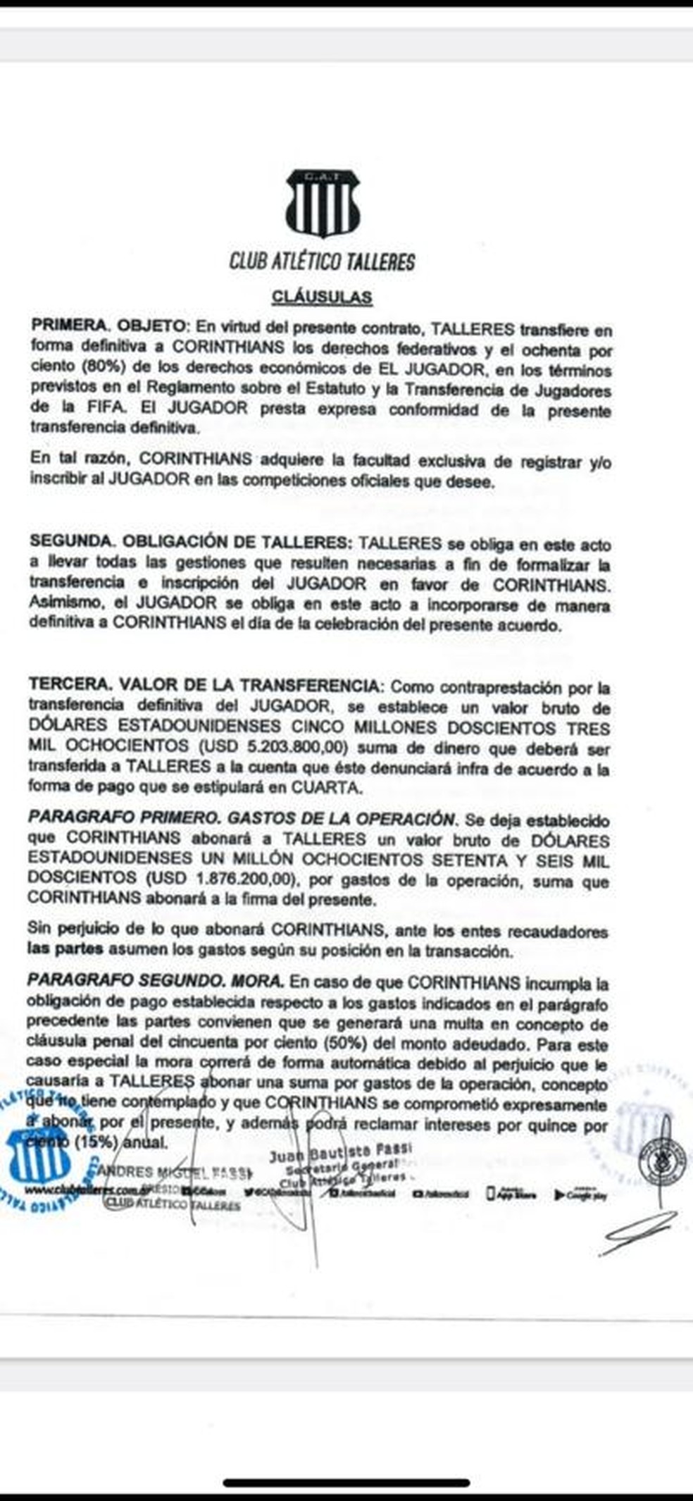 Contrato de compra de Garro pelo Corinthians junto ao Talleres — Foto: Reprodução