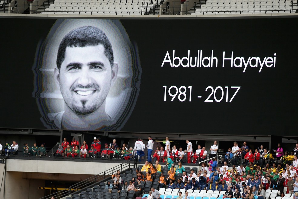 Abdullah Hayayei é homenageado no estádio durante Mundial de Paratletismo — Foto: British Athletics via Getty Images