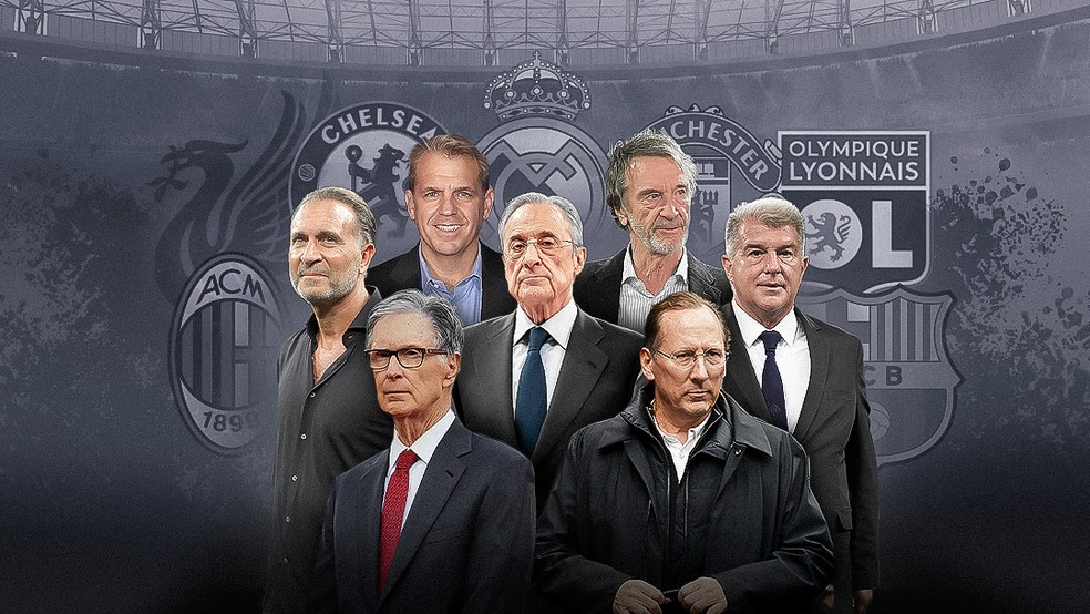 John Textor, Joan Laporta, Florentino Pérez e mais figurões dos clubes da Europa — Foto: Infografia ge
