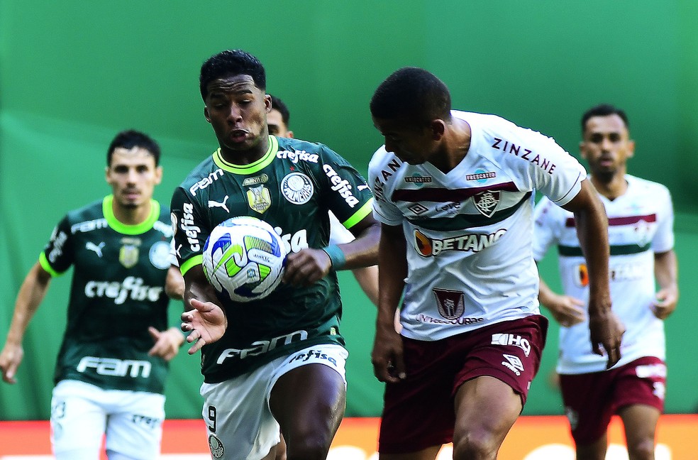 Endrick disputa com David Braz e toca a mão na bola em Palmeiras x Fluminense — Foto: Marcos Ribolli