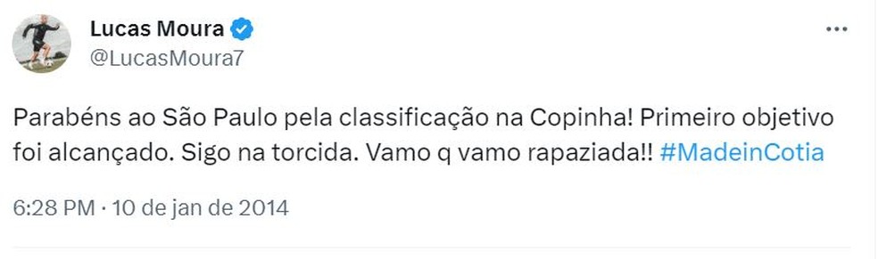 Lucas Moura comemora classificação do São Paulo na Copinha — Foto: Reprodução