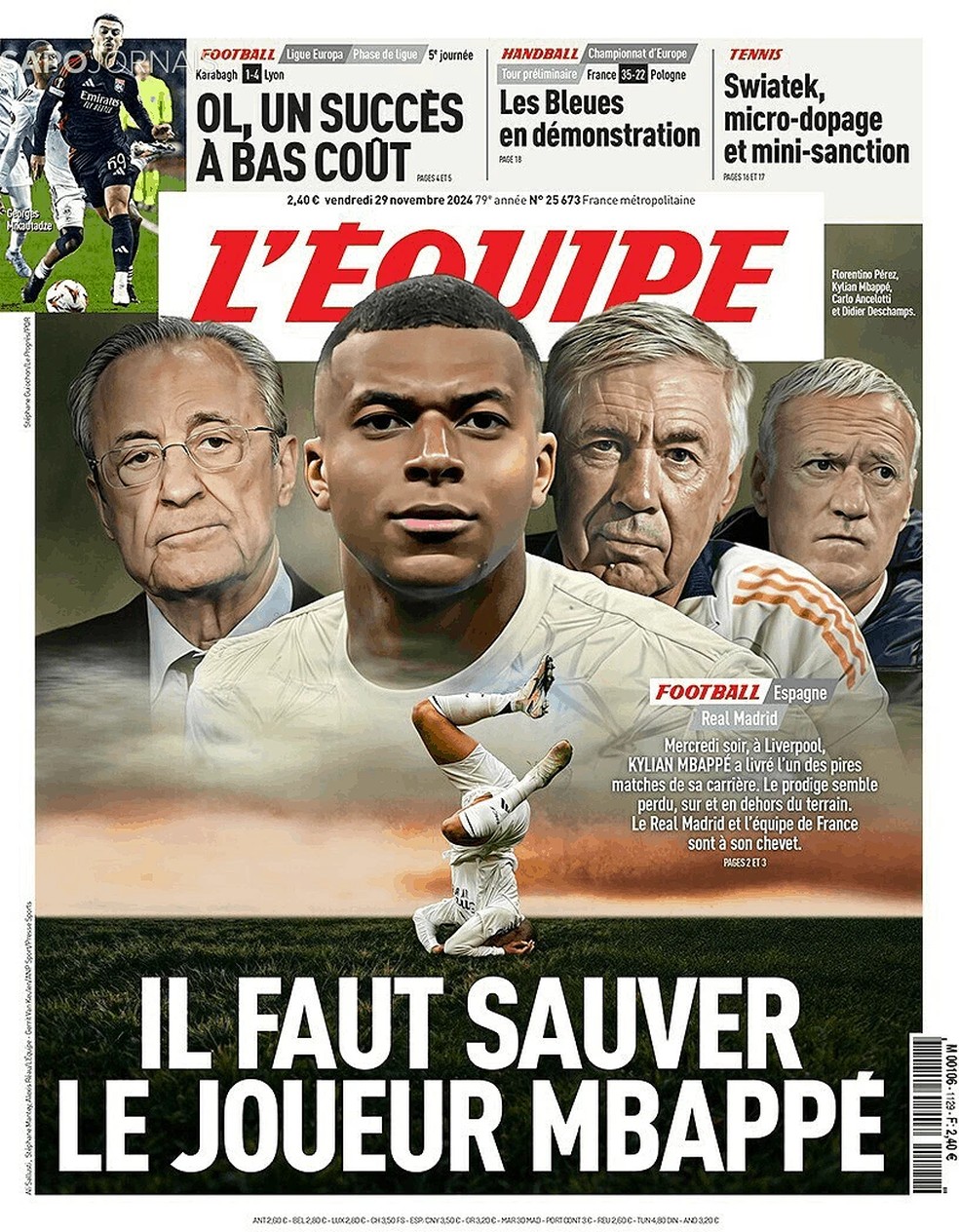 Capa do L'Equipe sexta-feira 29/11/2024 — Foto: L'Equipe