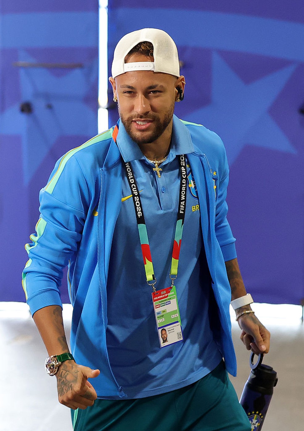 Neymar chega para Brasil x Japão pela segunda fase da Copa do Mundo 2026 — Foto: Alex Slitz/Getty Images