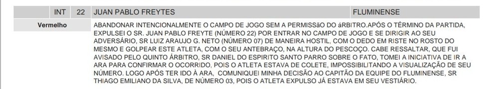 Súmula aponta motivo da expulsão de Freytes — Foto: Reprodução
