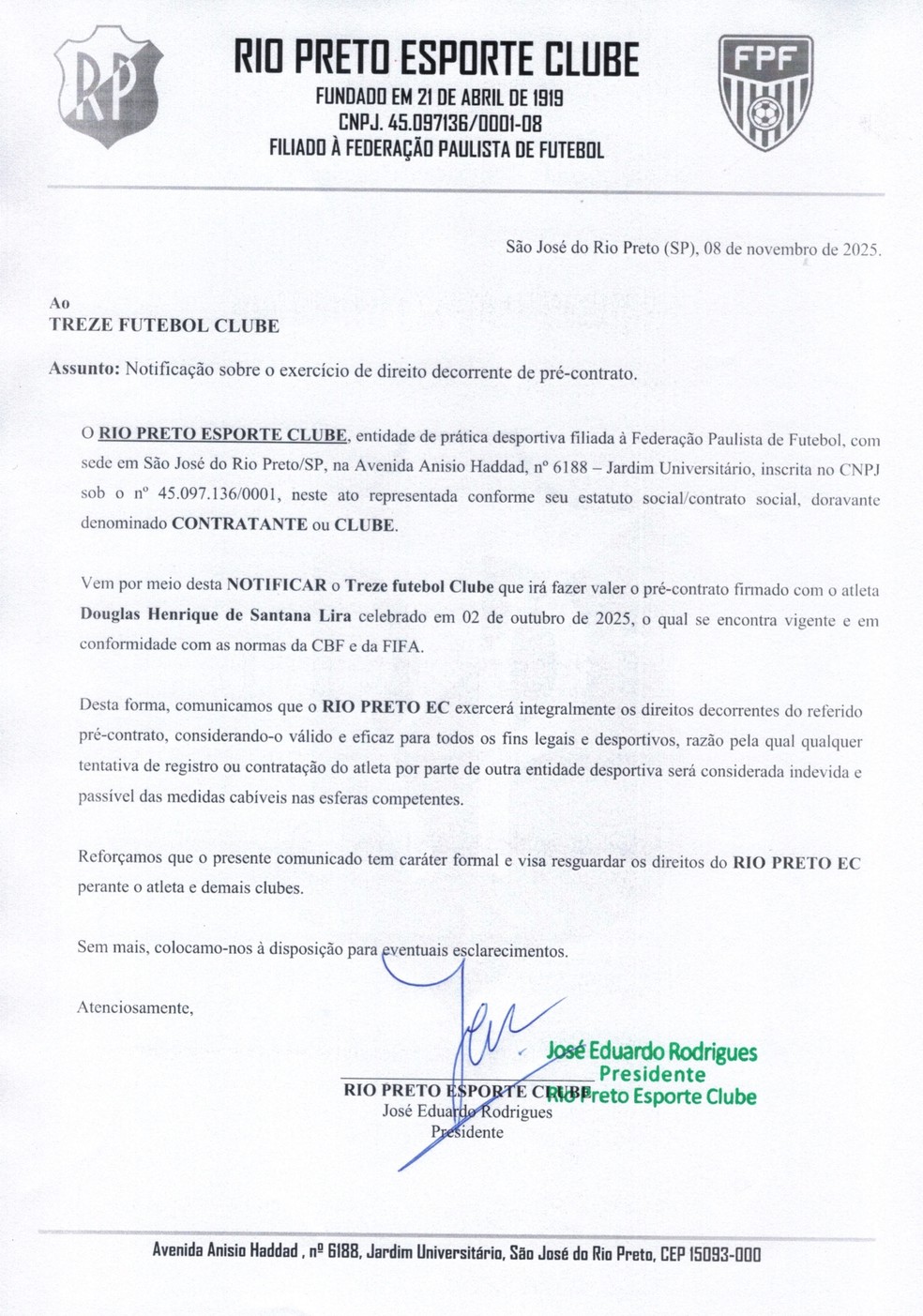 Notificação do Rio Preto para o Treze da Paraíba sobre a liberação de Douglas — Foto: Arquivo