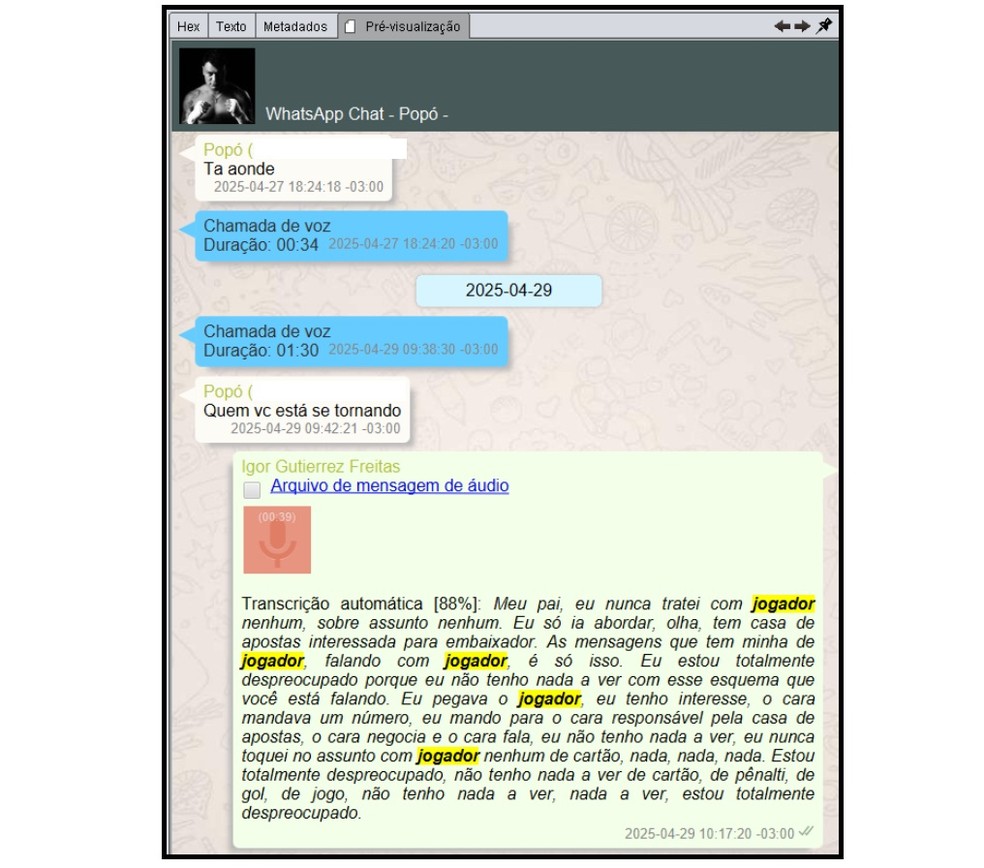 Conversa entre Popó e o filho, Igor Freitas, em investigação do MP-PR — Foto: Reprodução