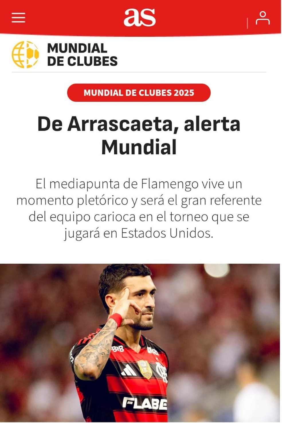 Arrascaeta foi destaque no Jornal AS, da Espanha — Foto: Reprodução / AS