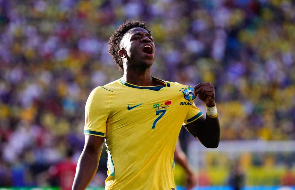 Vini Jr comemorando gol do Brasil — Foto: Getty Images