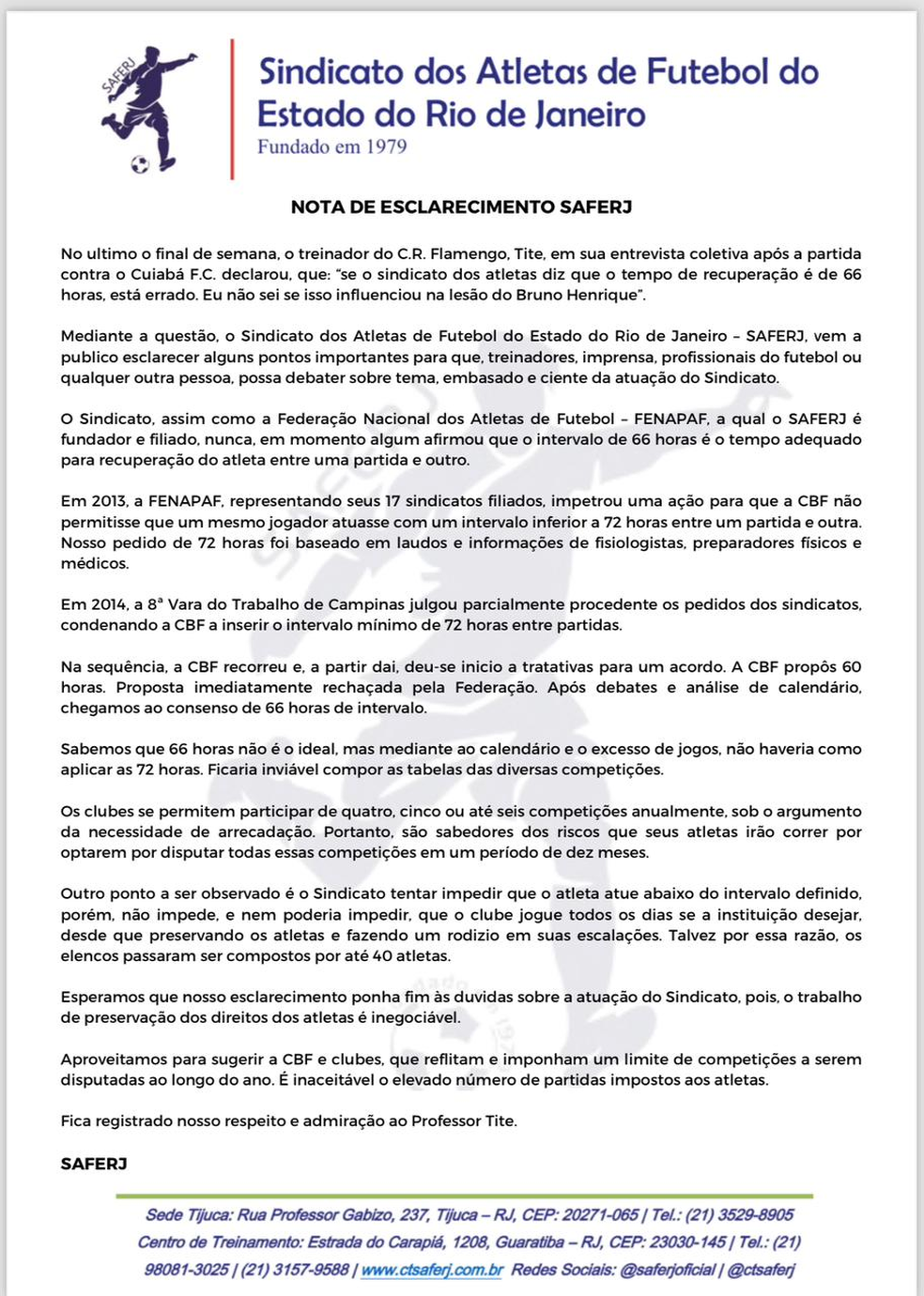 No último dia 8, a Saferj se dirigiu de forma respeitosa a Tite, a quem chamou de professor — Foto: Divulgação