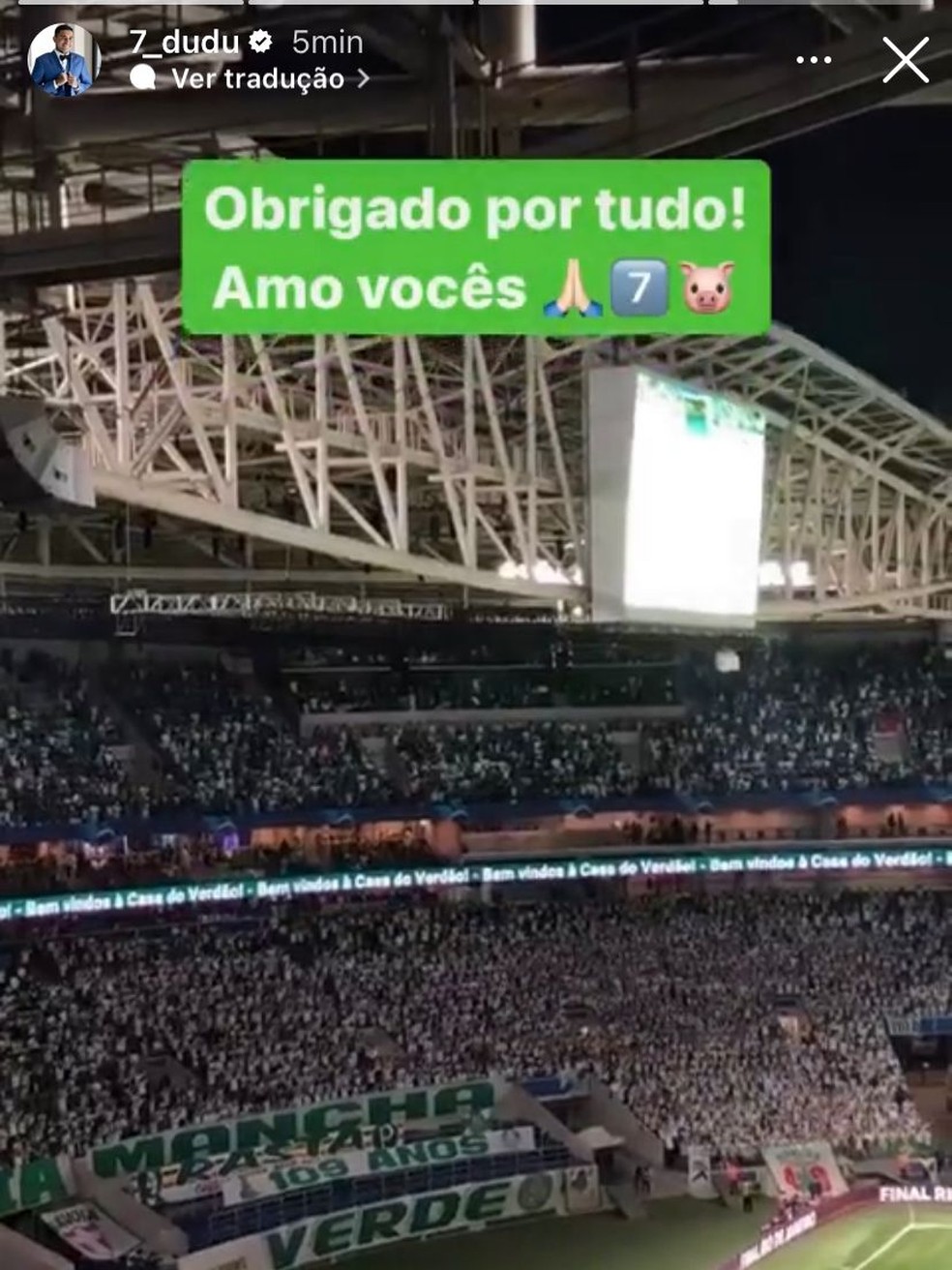 Dudu agradece apoio da torcida do Palmeiras, que cantou seu nome antes do jogo com o Deportivo Pereira — Foto: Reprodução/Instagram
