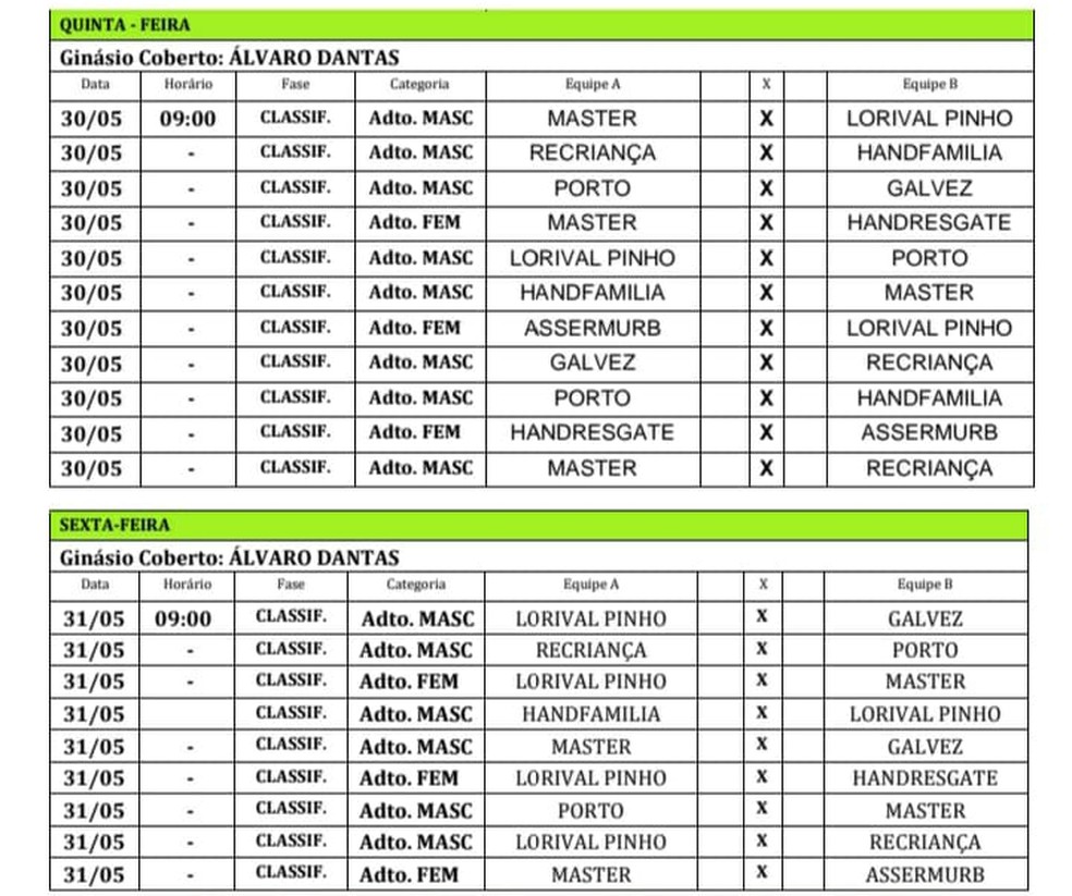 Tabela do Campeonato Aberto Cidade de Rio Branco de Handebol — Foto: Divulgação/Fach