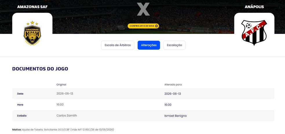Mudança de jogo Amazonas x Anápolis