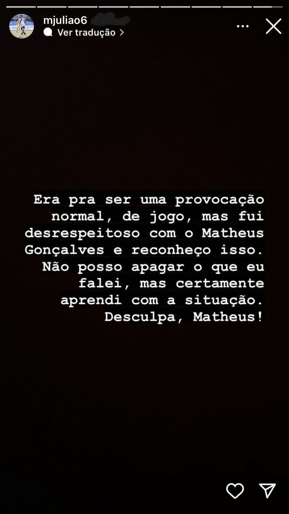 Julião, do Vasco, se desculpa com Matheus Gonçalves — Foto: Reprodução: Instagram