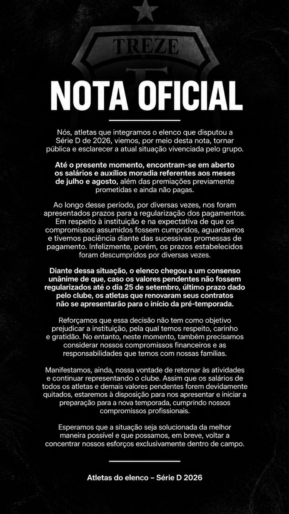Nota divulgada pelos atletas da Série D 2026 — Foto: Divulgação