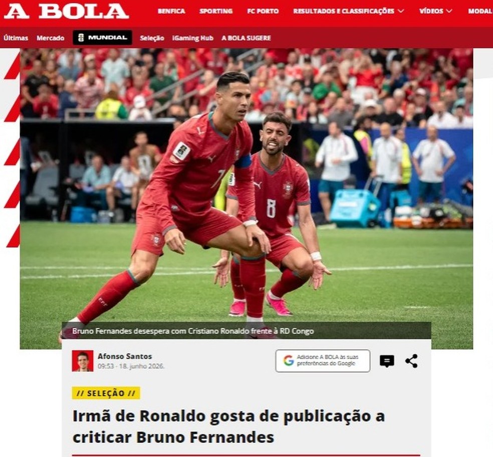 Curtida ganhou repercussão em Portugal - Irmã de Cristiano Ronaldo