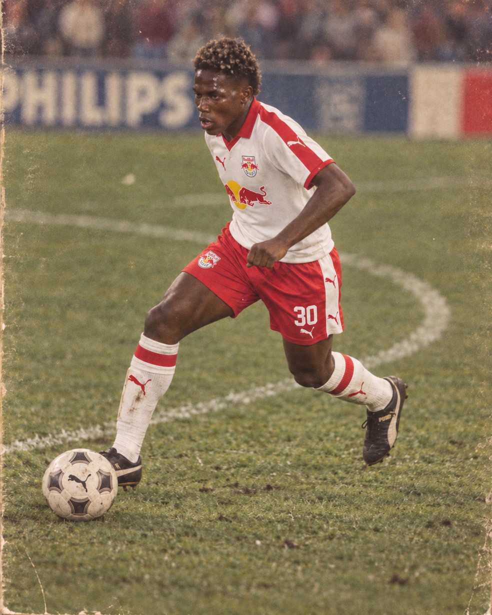 Henry Mosquera na trend dos anos 80 — Foto: Ari Ferreira/Red Bull Bragantino - Adaptação ChatGPT