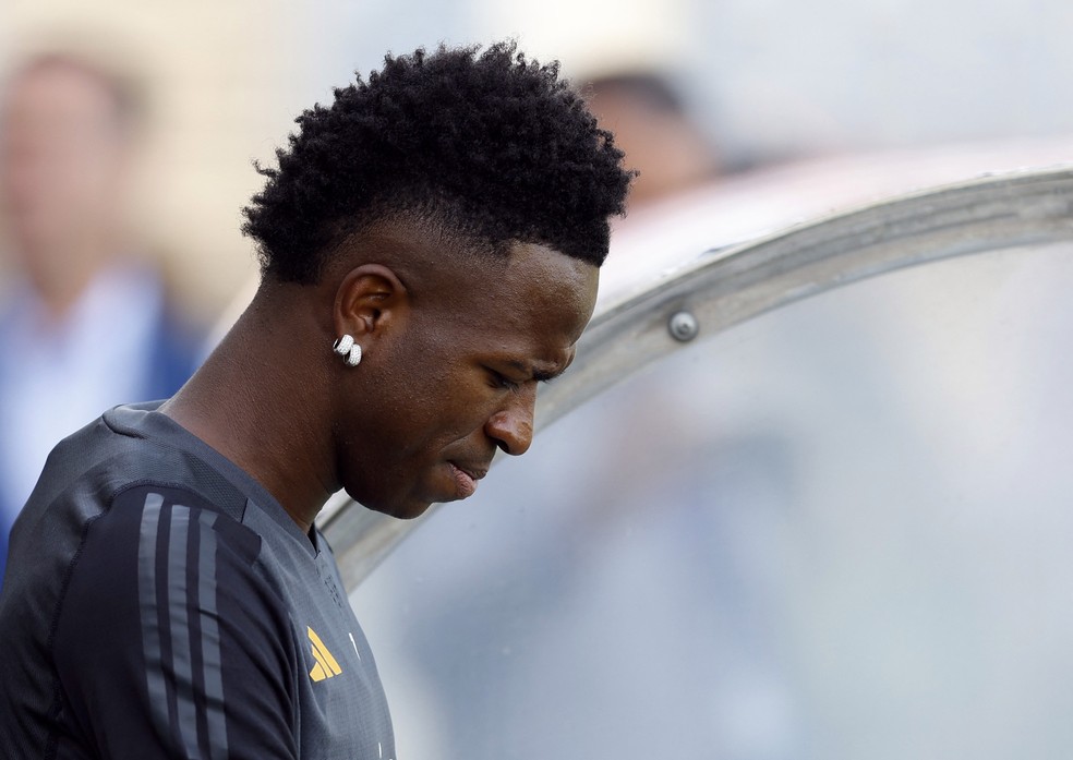 Vini Jr, em treino do Real Madrid nesta segunda — Foto: Juan Medina/Reuters
