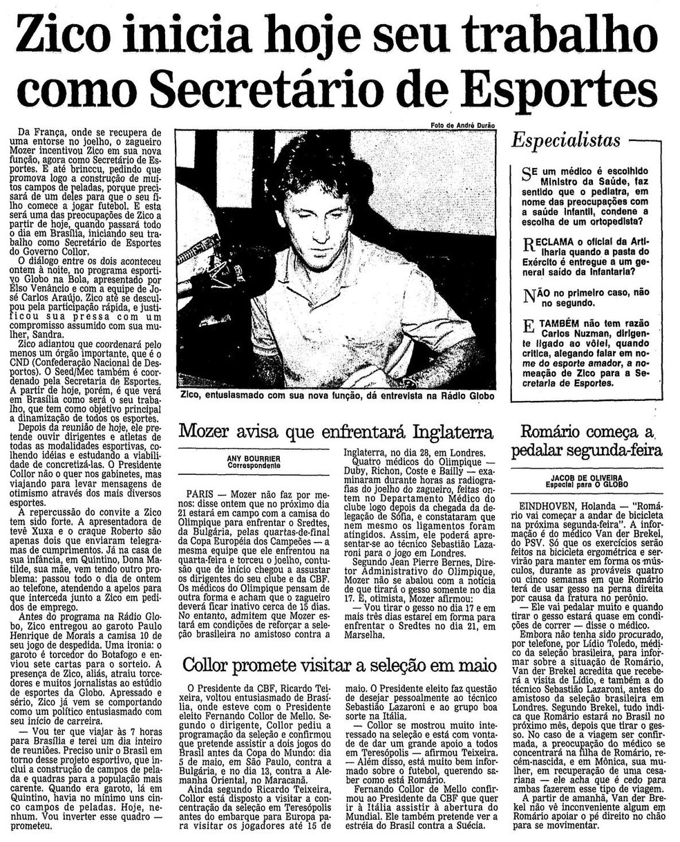 Zico foi secretário de Esportes do Governo Fernando Collor — Foto: Reprodução / O Globo