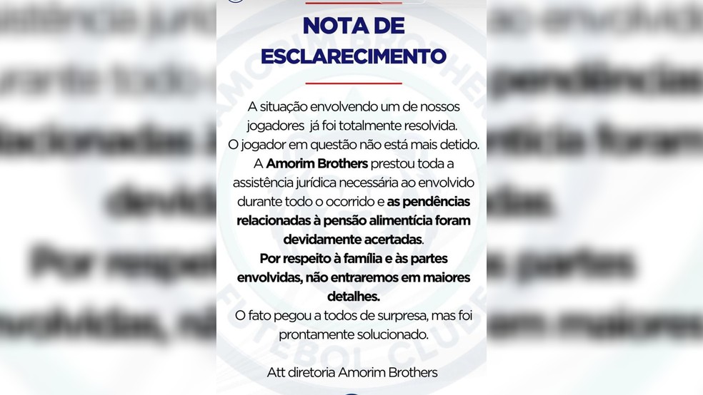 Time postou esclarecimento sobre o caso nas redes sociais — Foto: Reprodução/Instagram