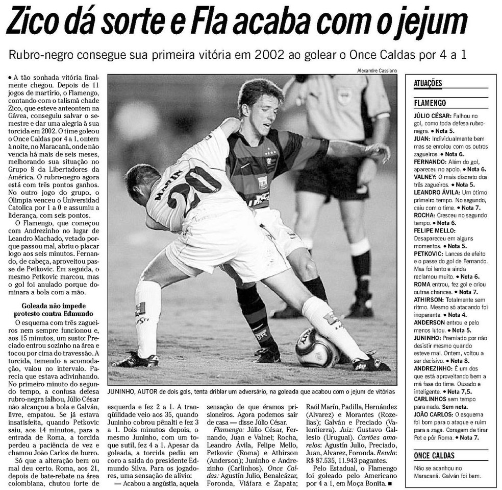 Crônica do O Globo da vitória do Flamengo sobre o Once Caldas em 2002 — Foto: Reprodução / O Globo