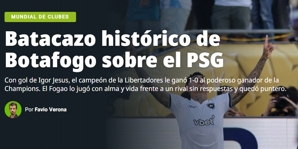 Manchete do Olé, da Argentina, após Paris Saint-Germain 0 x 1 Botafogo — Foto: Reprodução