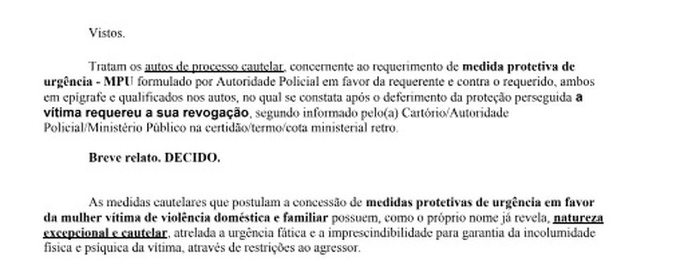 Trecho da sentena de revogao da medida protetiva contra Marcos Nascimento  Foto: Reproduo / TJ-PB