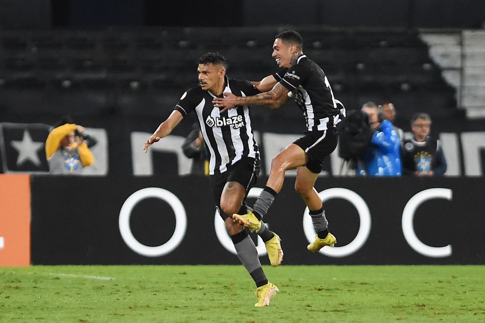 Tiquinho Soares e Hugo Neto em ação pelo Botafogo em 2022 — Foto: Alexandre Durão