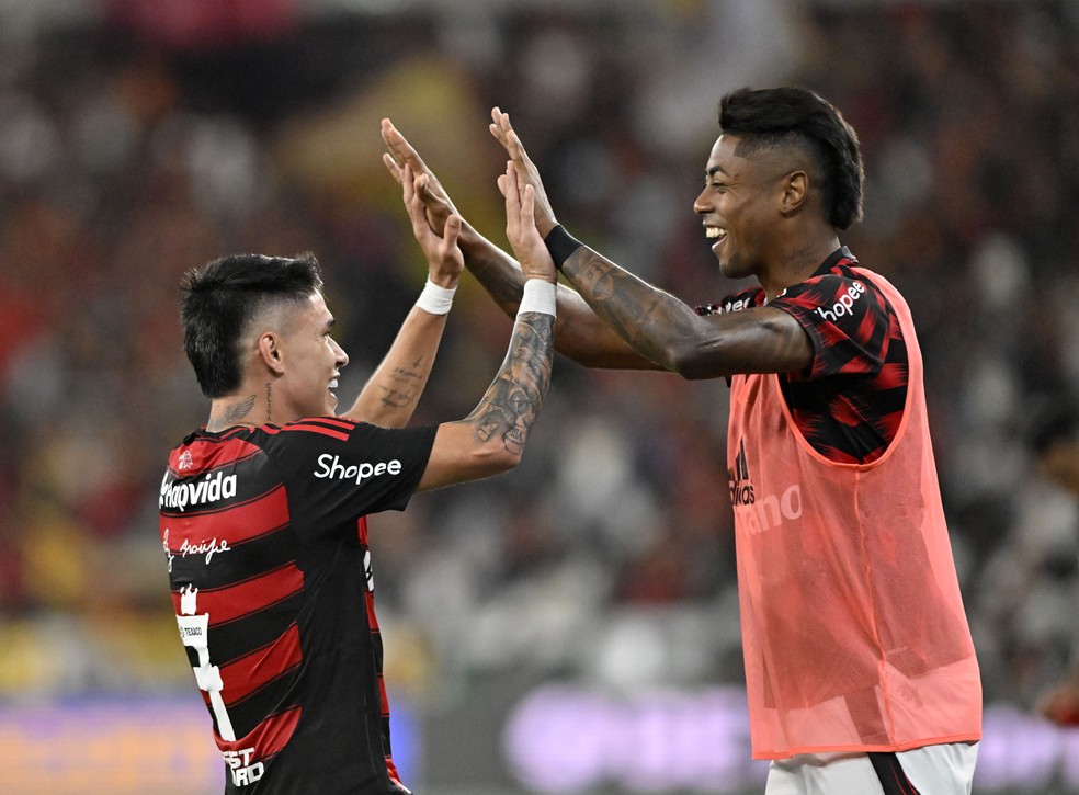 Luiz Araújo e Bruno Henrique comemoram em Flamengo x Botafogo — Foto: André Durão
