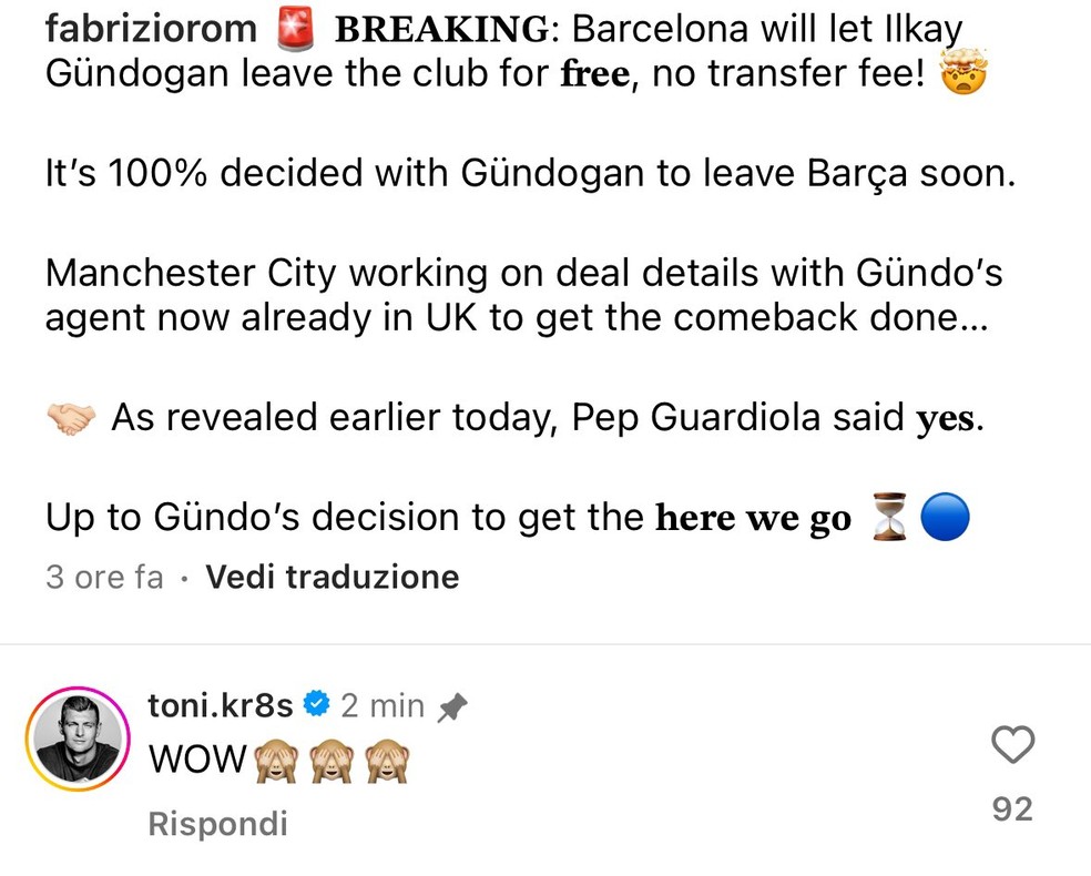 Comentário de Toni Kroos em post sobre possível volta de Gündogan ao Manchester City