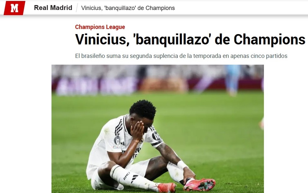 Jornal "Marca", da Espanha, destaca barração de Vinícius Júnior no Real — Foto: Reprodução