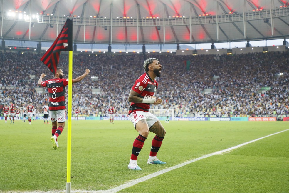 Gabriel comemora gol do Flamengo em vitória sobre o Vasco — Foto: André Durão/ge