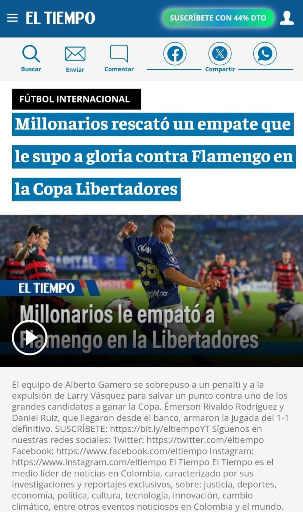 Jornal El Tiempo repercute Millonarios 1 x 1 Flamengo