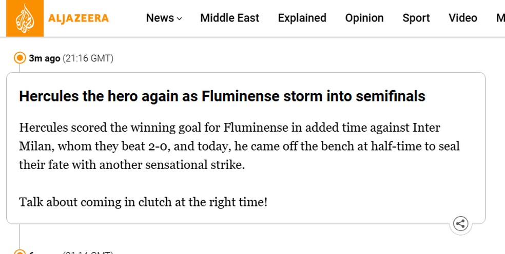 Al Jazeera, do Catar, destaca o papel heróico de Hércules na classificação do Fluminense para a semifinal da Copa do Mundo de Clubes — Foto: Reprodução