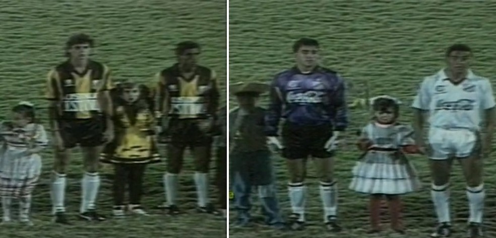 Crianças entraram em campo a caráter para "Final Caipira" entre Novorizontino e Bragantino pelo Paulista de 1990 — Foto: Montagem/GE