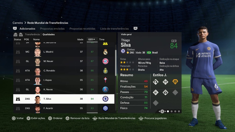 Thiago Silva no modo carreira do FC 24 — Foto: Reprodução/EA Sports