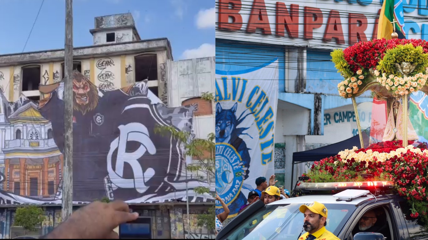 Círio: Com bandeirão e faixas, torcidas de Remo e Paysandu caminham juntas atrás da berlinda