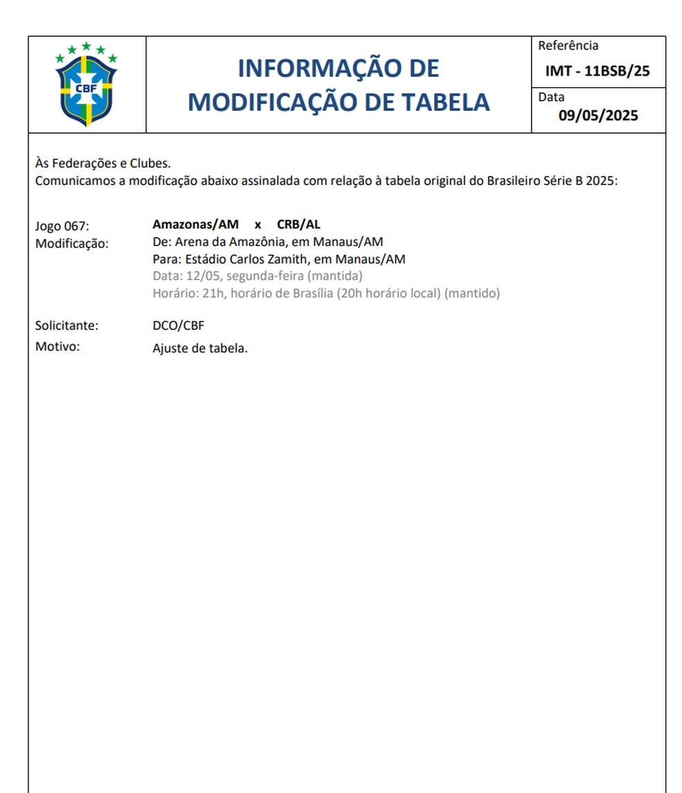 A CBF muda o palco do jogo entre Amazonas e CRB, válido pela sétima rodada da Série B. — Foto: Divulgação