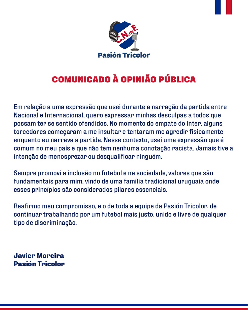 Pasión Tricolor divulga comunicado sobre punição a narrador — Foto: Divulgação