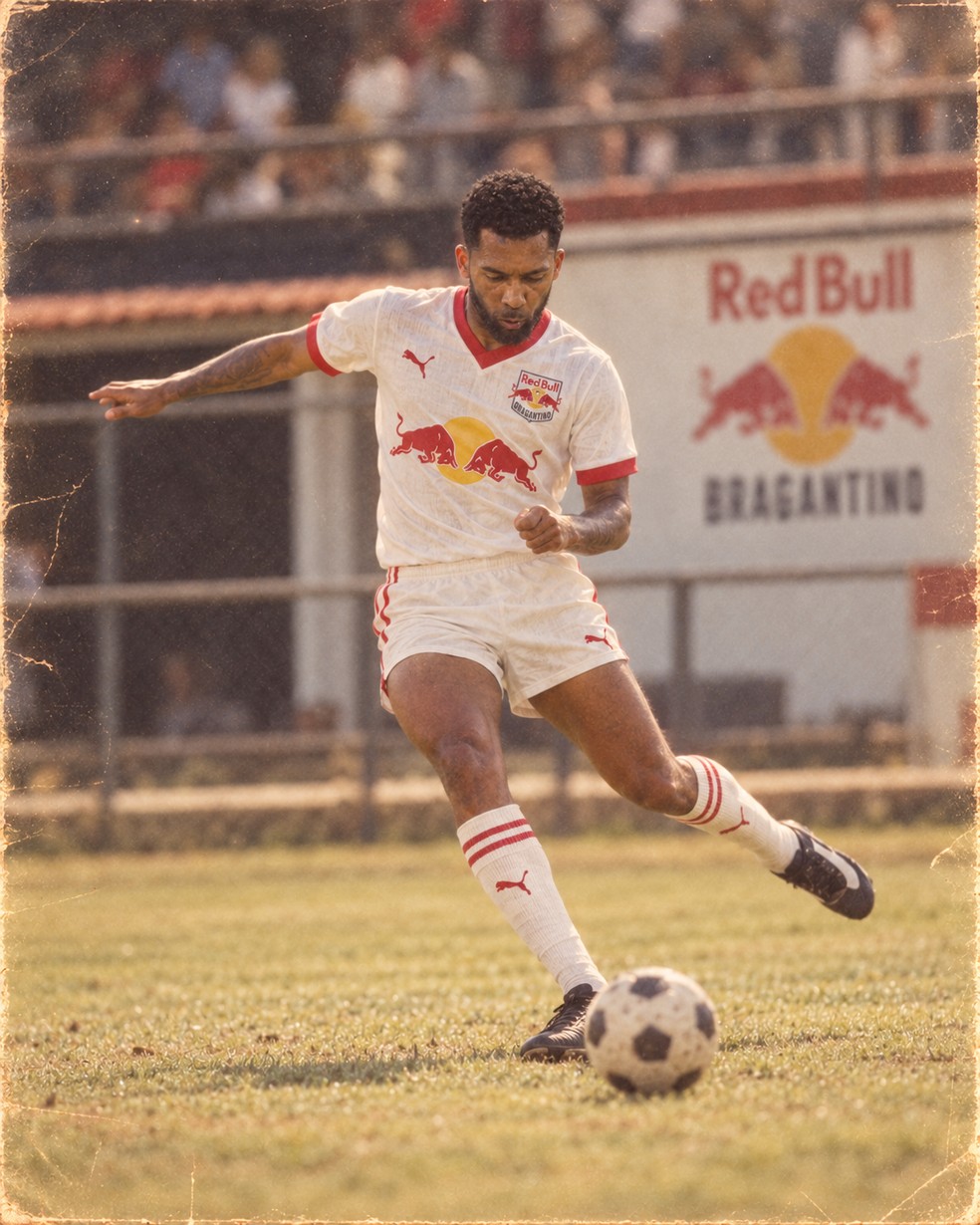 Matheus Fernandes na trend dos anos 80 — Foto: Ari Ferreira/Red Bull Bragantino - Adaptação ChatGPT