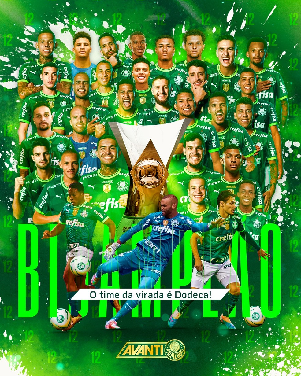 Palmeiras chamado de dodecacampeão após o título do Brasileiro de 2023 — Foto: Reprodução / Palmeiras