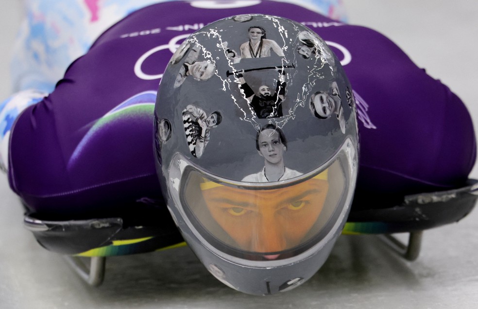 Vladyslav Heraskevych skeleton capacete Guerra Ucrânia — Foto: Athit Perawongmetha/Reuters
